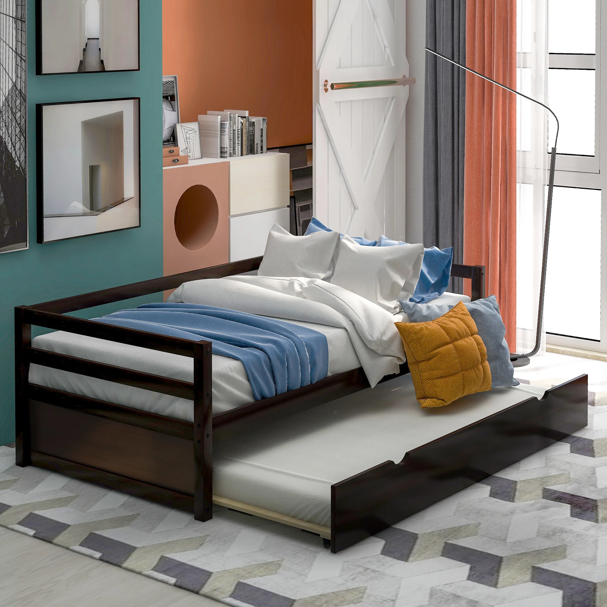 

Espresso Twin Daybed with Trundle Frame Set 79.50x83.40x30 in.