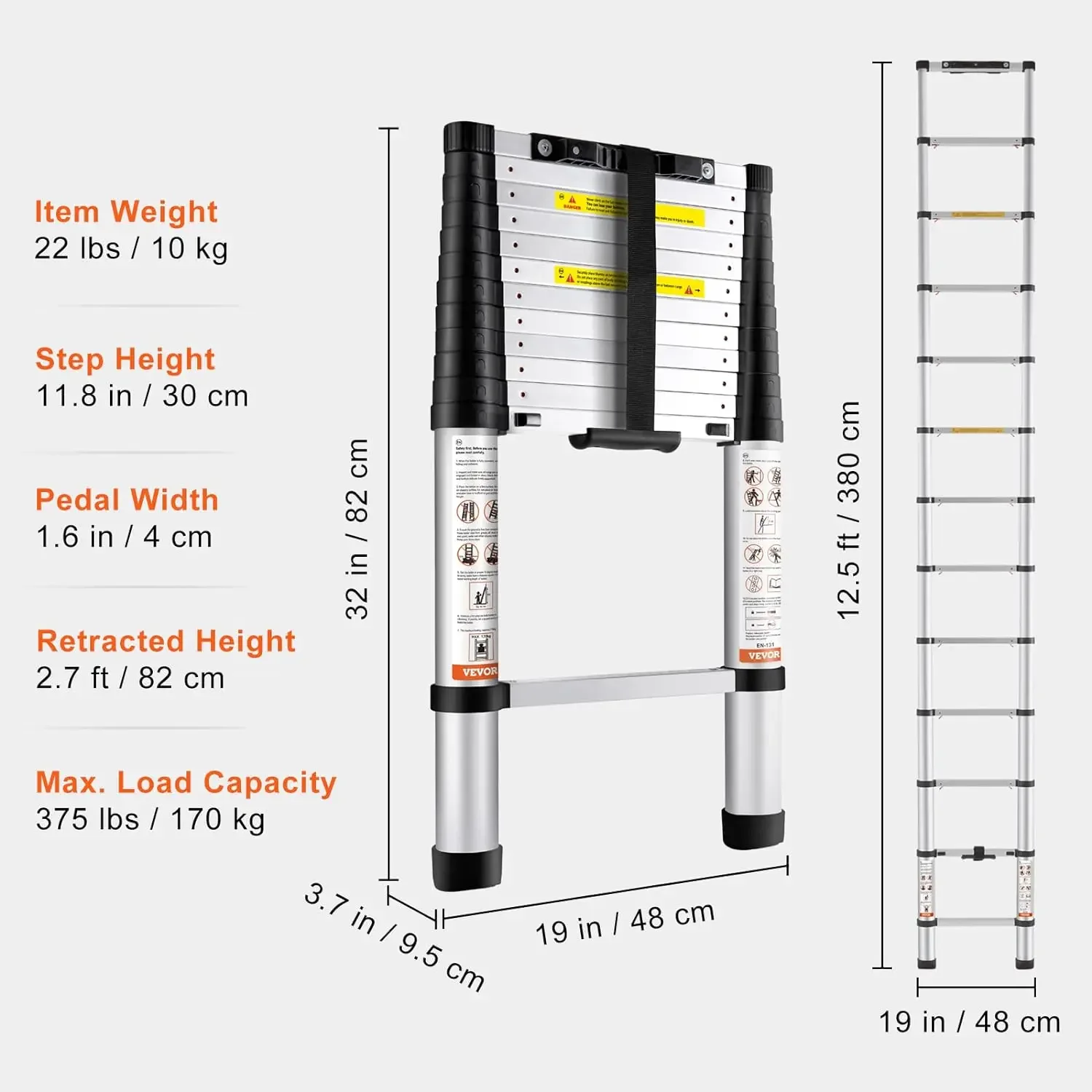 Telescoping Ladder, 12.5 FT Aluminum One-button Retraction Collapsible Extension Ladder, 375 LBS Capacity with Non-slip Feet