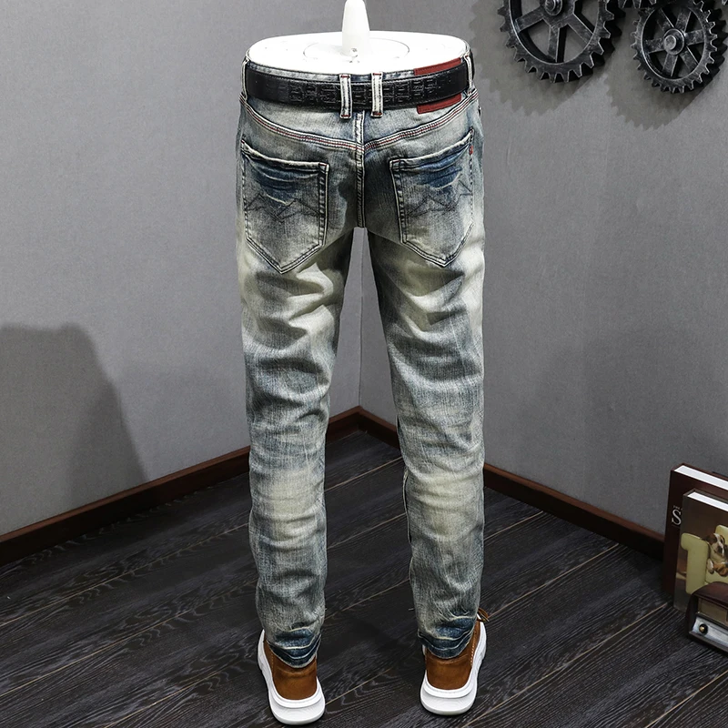 Italian Style Fashion Men Jeans High Quality Retro Washed Blue Stretch Slim Fit Ripped Jeans Men Vintage Designer Denim Pants