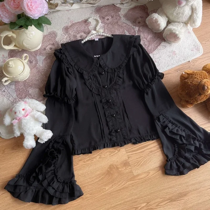 Victorian Gothic Lolita Shirt Fashion 2024 Kawaii Tops Cute Ruffles Peter Pan Collar Blouses Women Korean Womens Autumn Clothing