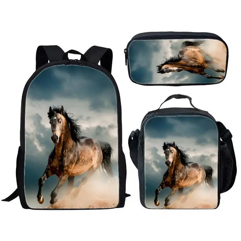 Tier, Pferd, dreiteiliges Set für Kinder und Jugendliche, Rucksack mit großem Fassungsvermögen, Essenspackung, Stifttasche