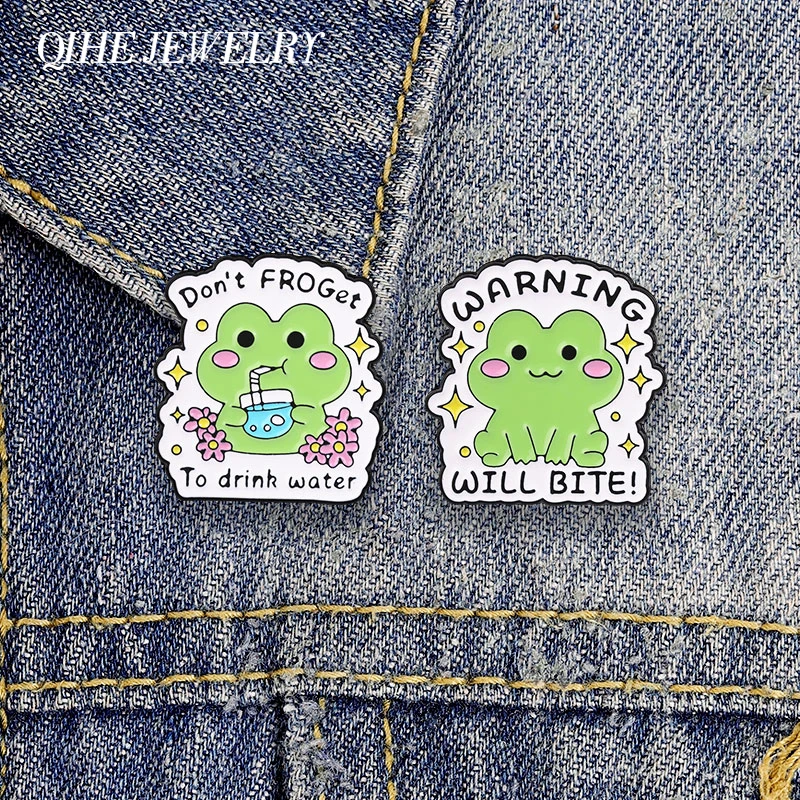 Warning Will Bite Don't Froget To Drink Water Badge Cute Humor Frog Pun Text Brooch Enamel Pin Backpack Lapel Badge Jewelry Gift