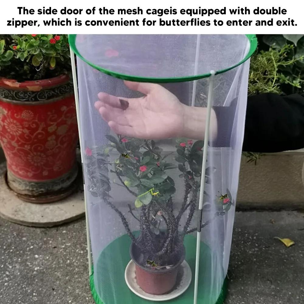 Transparent Mesh Butterfly Habitat Cage Collapsible Design Zipper Closure Mesh Enclosure Cage White with Green Cylindrical Shape