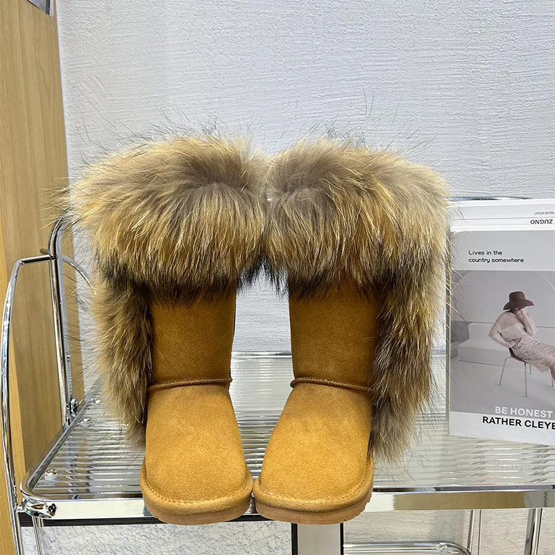 

Women's Mid-Calf Thickened Fleece Lined Fur Snow Boots Real Leather Cotton Shoes Fur Winter Warm Boots Rabbit Fur