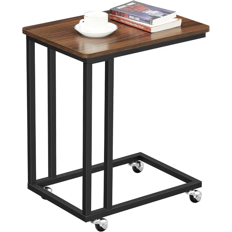 C-Shaped TV Tray with Metal Frame Rolling Casters, Industrial Side Table for Living Room Bedroom, 19.7 x 13.8 x 23.6 in.