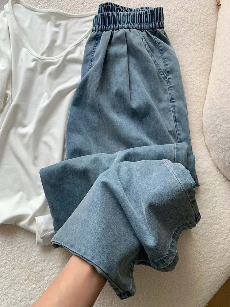 

Джинсы с прямыми штанинами, женские свободные утягивающие брюки из ледяного шелка с тонкой широкой талией для больших размеров, осенняя одежда для тела с грушевидным вырезом