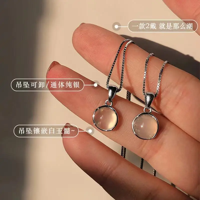 Luxury Silver Plated White Round Moonstone Pendant Necklaces Women Fashion Jewelry Choker Clavicle Chain Short Charm Necklace