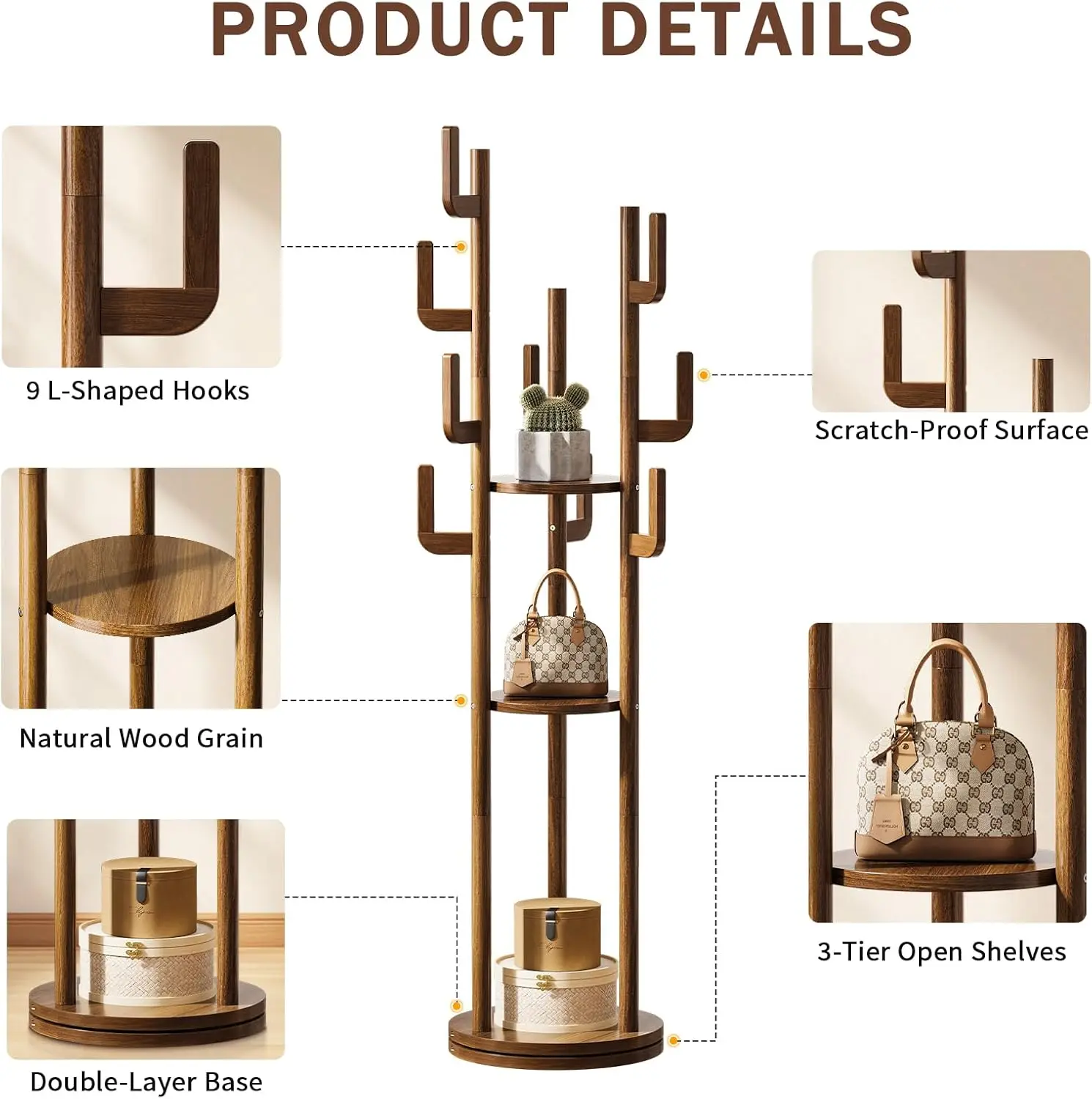 رف معطف دوار قائم بذاته - شجرة معطف من الخشب الصلب مع 9 خطافات و3 أرفف تخزين للمحفظة والحقائب والسترة والقبعة وشماعة الزاوية #5