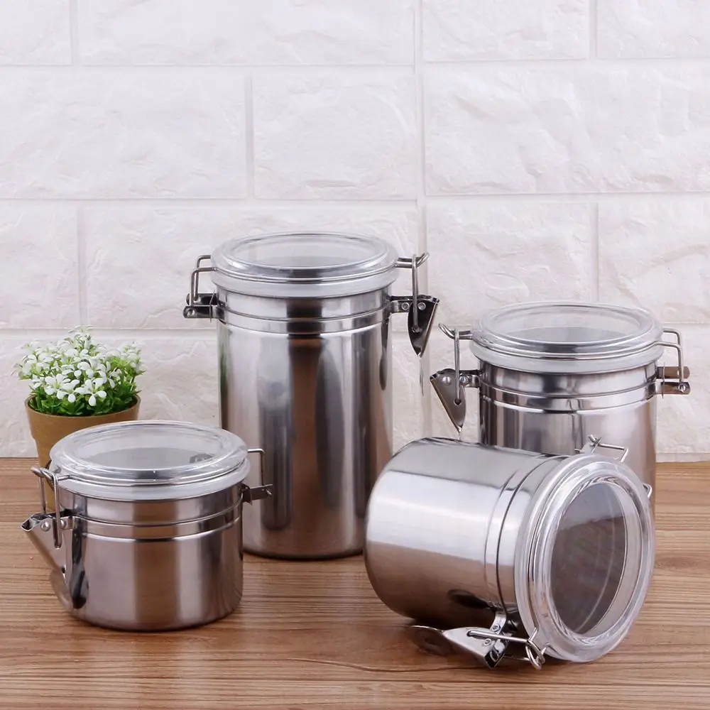 1Pcs Airtight Stainless Steel Canister Food Storage Holder Sealed Container S/M/L/XL 4inch/5inch Storage Bottles