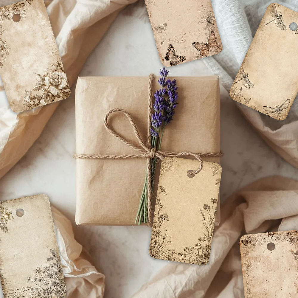40pcs Vintage Butterfly  Floral Decorative Tags,Aesthetic Gift Labels,Party Decoration,Handmade Packaging Accents with Jute Rope
