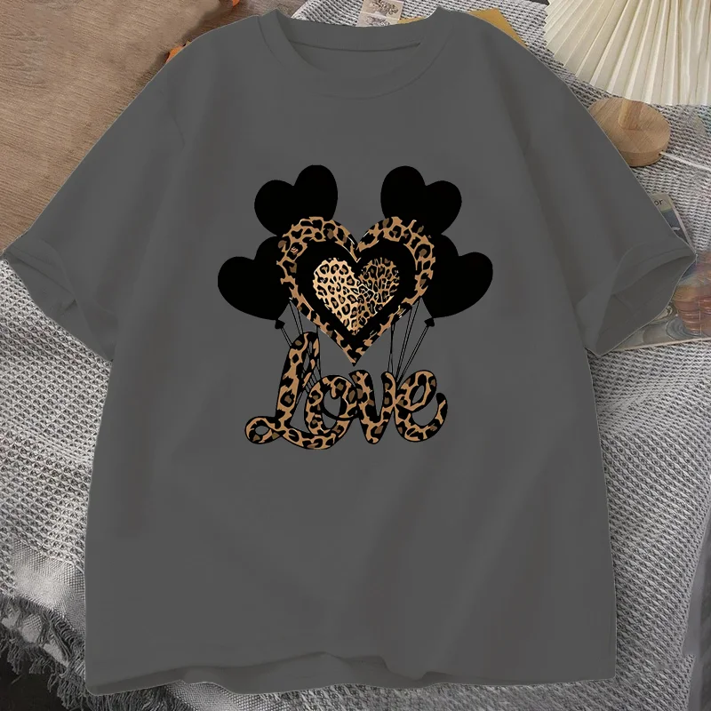 Leopard Print Heart-Shaped Balloon T-Shirt Summer Women Tracksuit Tops Casual Breathable Sportswear Harajuku Fashion Streetwear