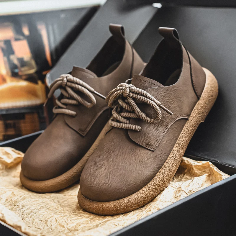 Fashion Men Casual Shoes Retro Breathable Leather Shoes Comfortable Work Shoes Lace-up Lightweight Walking Driving Footwear