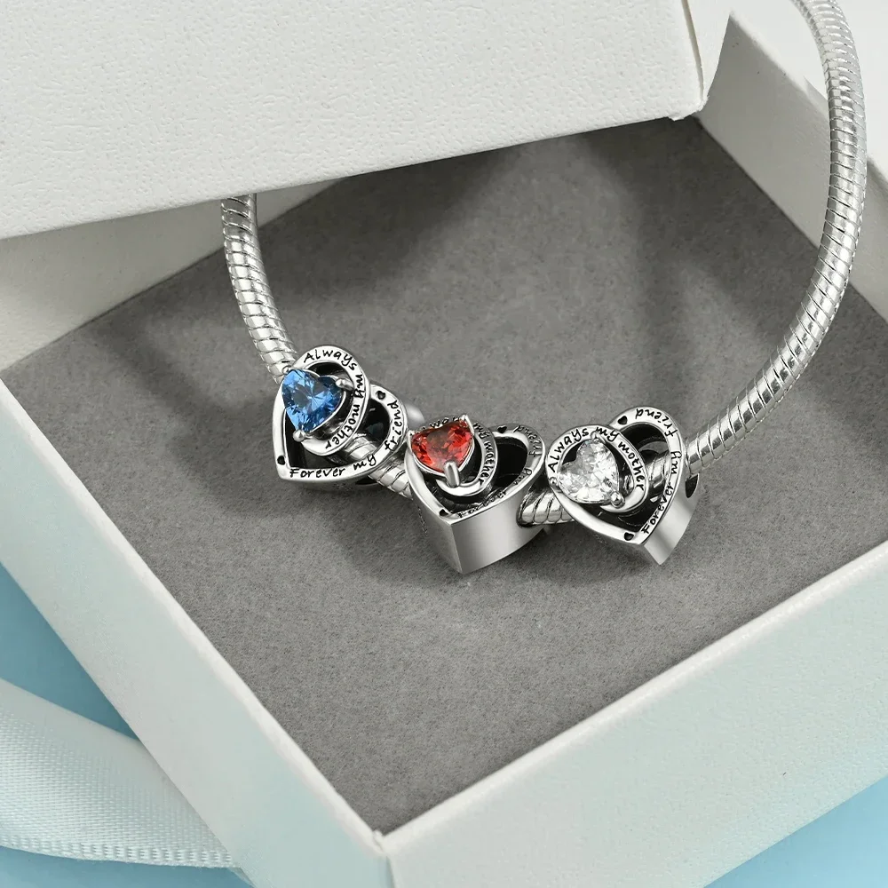 925 Sterling Silver Birthstone Heart-shaped Charm Beads Fit Charm Original Bracelet Necklace for Women Jewelry Making