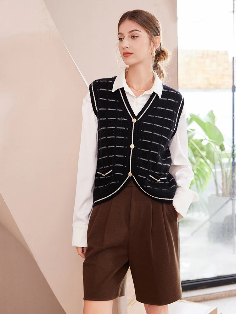 

2025 Women Cashmere Vest V-neck Cardigan Striped Sweater Waistcoat Autumn Winter 100% Cashmere Knitwear Sleeveless Tops