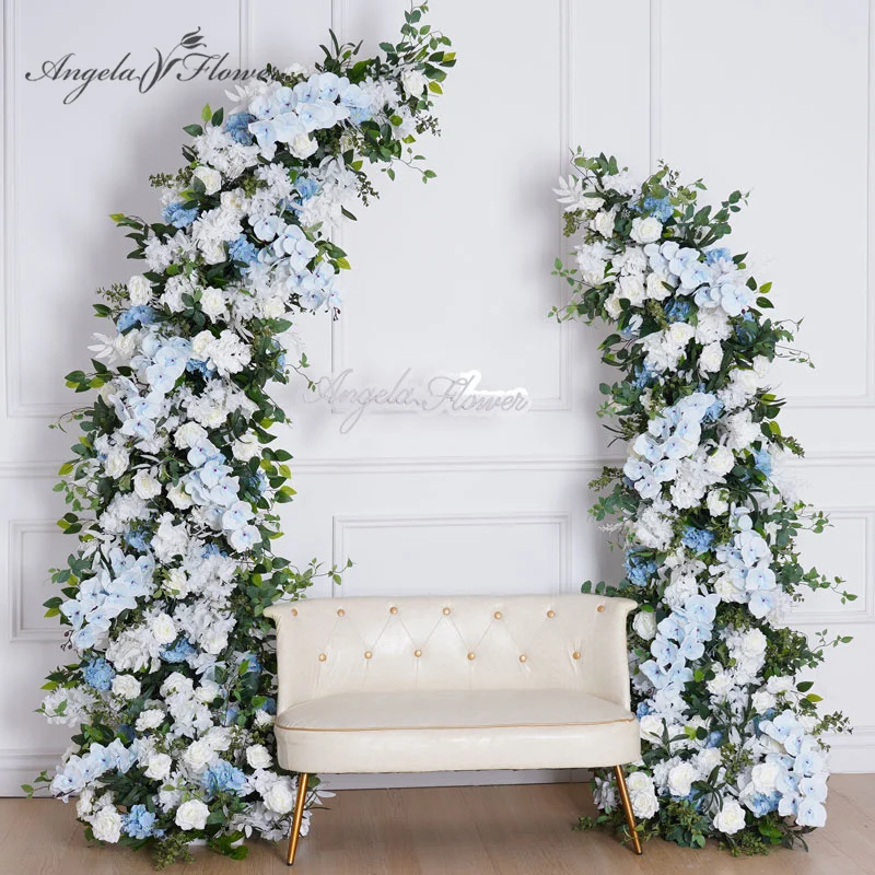 Синий, белый цветочный ряд, свадебный фон, рог, арка, декор, роза, орхидея, зеленый лист мяты, цветочная композиция, реквизит для вечеринки A8798
