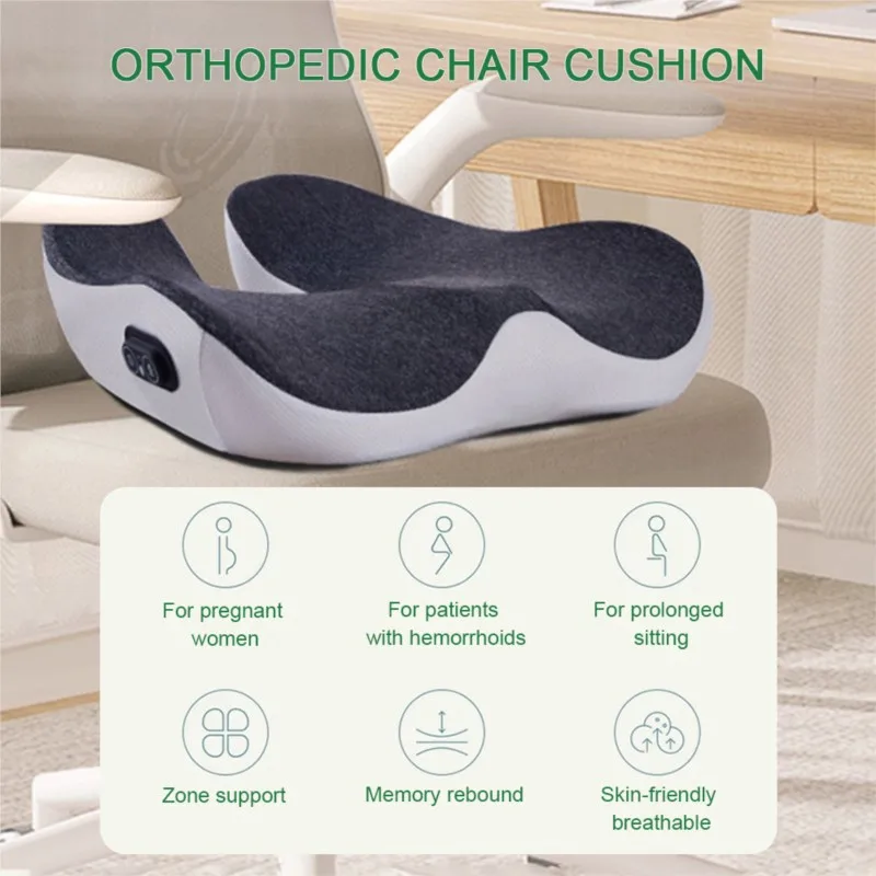 Massage cushion for office use, designed to relieve pressure on the coccyx from prolonged sitting, with vibration