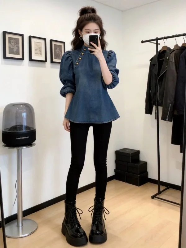 

Женская джинсовая рубашка больших размеров (до 300 фунтов) с рукавами-фонариками и воротником-стойкой, повседневная винтажная, летняя, стройнящая, для фигуры типа «груша»