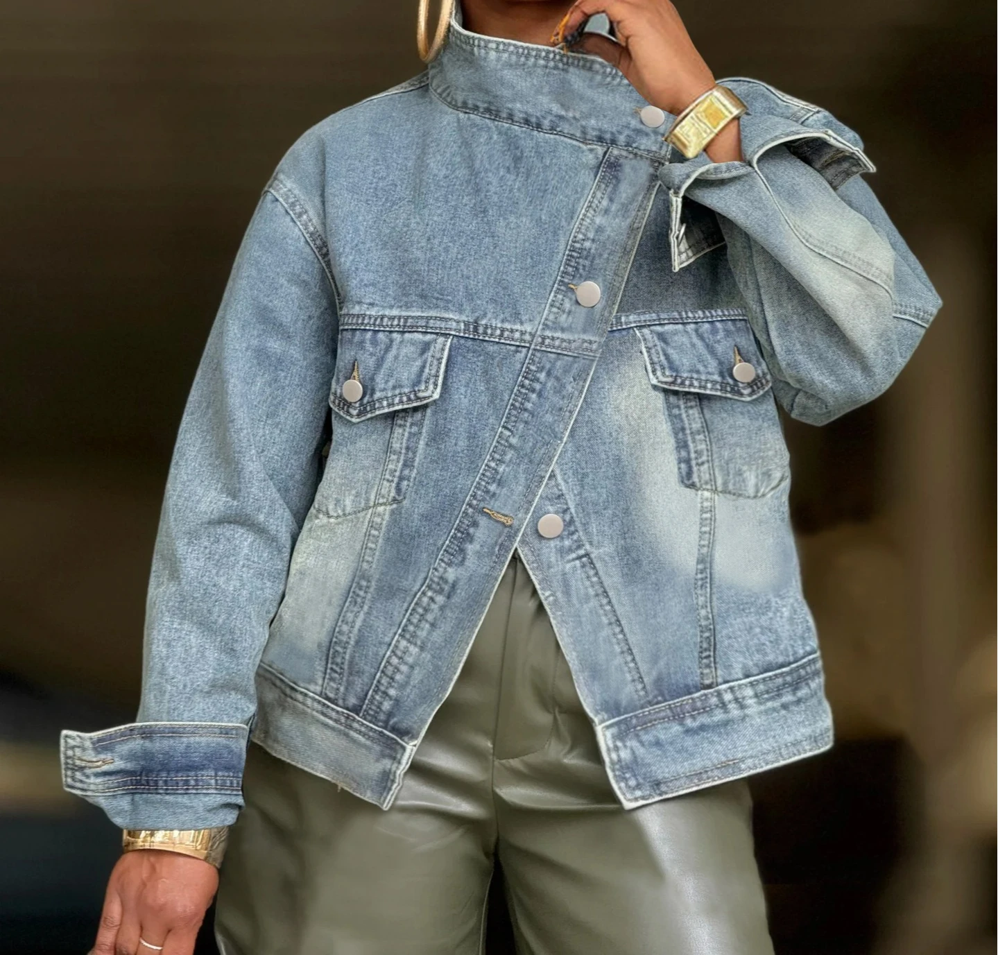 

2026 Spring and Autumn New Casual Fashion Washed Stand-up Collar Denim Short Jacket