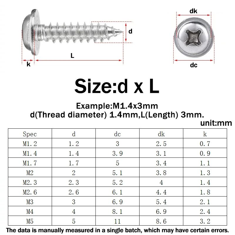 M1.4 M1.7 M2 M2.3 M2.6 M3 M3.5 M4 M5 304 Stainless Steel PWA Phillips Cross Pan Round Head with Washer Self-Tapping Screw