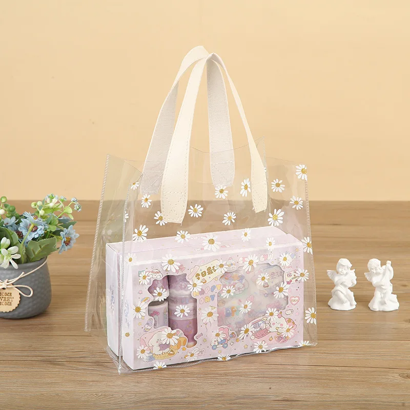 Cute Daisy Gift Packaging Bag Transparent Chrysanthemum PVC Clear Birthday Candy Wedding Party Shopping  Store Bags With Handle