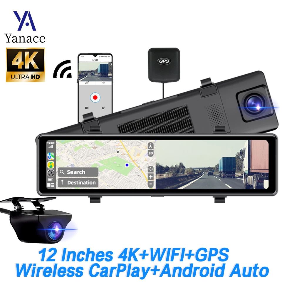 Dash Cam 4K Wireless Carplay Android Auto Sony 415 Car CVR RearView Mirror Support Rear View Camera Car Camera Video Recorder 