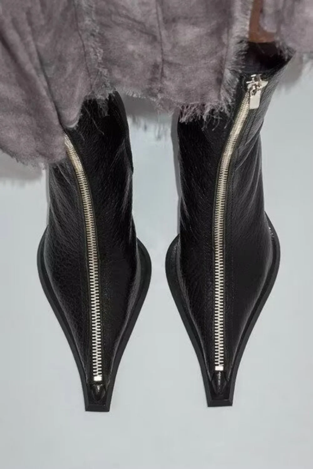 Women Black Leather Mid Calf Boots Front Full Zipper Pointed Toe Ankle Boots Unique Block Heel Modern Fashion Boots for Daily
