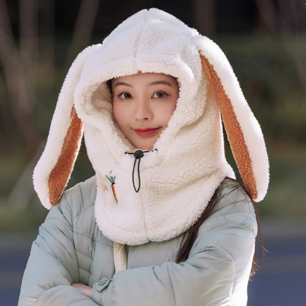 

Casual Cartoon Rabbit Ear Balaclava Hat Solid Color Drawstring Fleece Pullover Cap Neck Warmer Keep Warm Helmet Hat Female