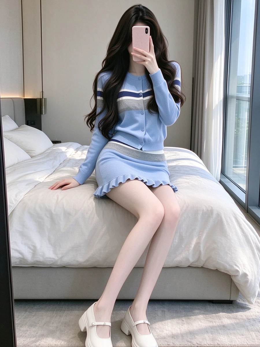 Korean Sweet Color Block Stripe Short Open Cardigan Long Sleeve Knitted Top High Waist Lace Short Skirt Anti-Aging Design Set