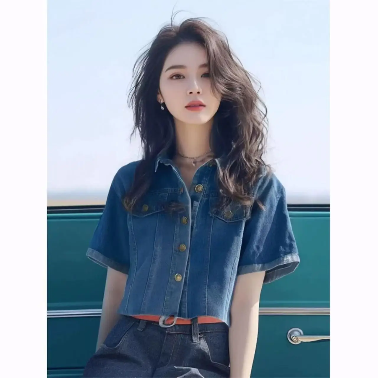 

Summer 2025 Women's Loose Fit ort Sve Vintage Collar Denim Jaet irt Thin Sle Casual Faion Cotton 00% Top