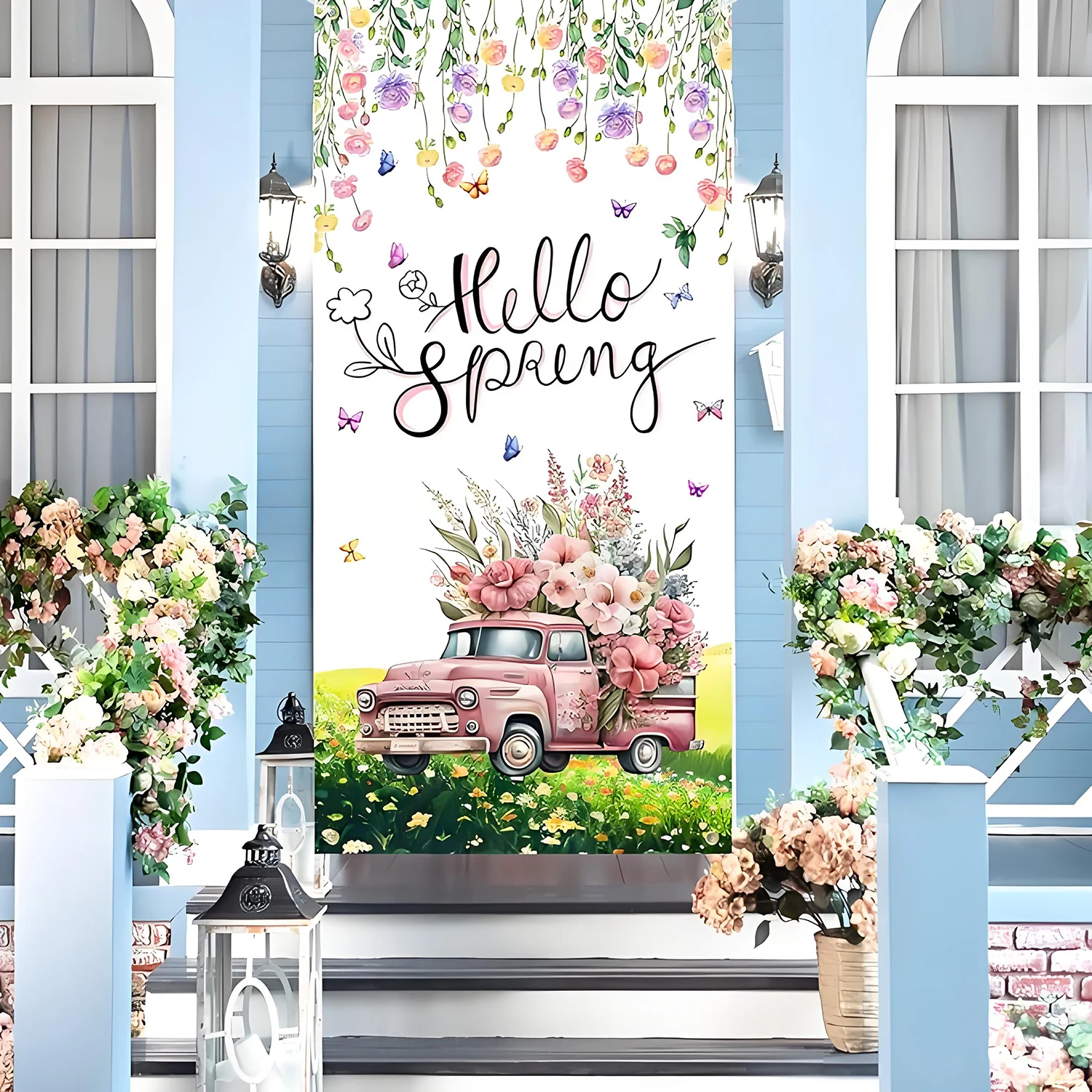 Hello Spring Door cover decorated with colorful flower banners Butterfly Green truck Spring seasonal outdoor items view 5