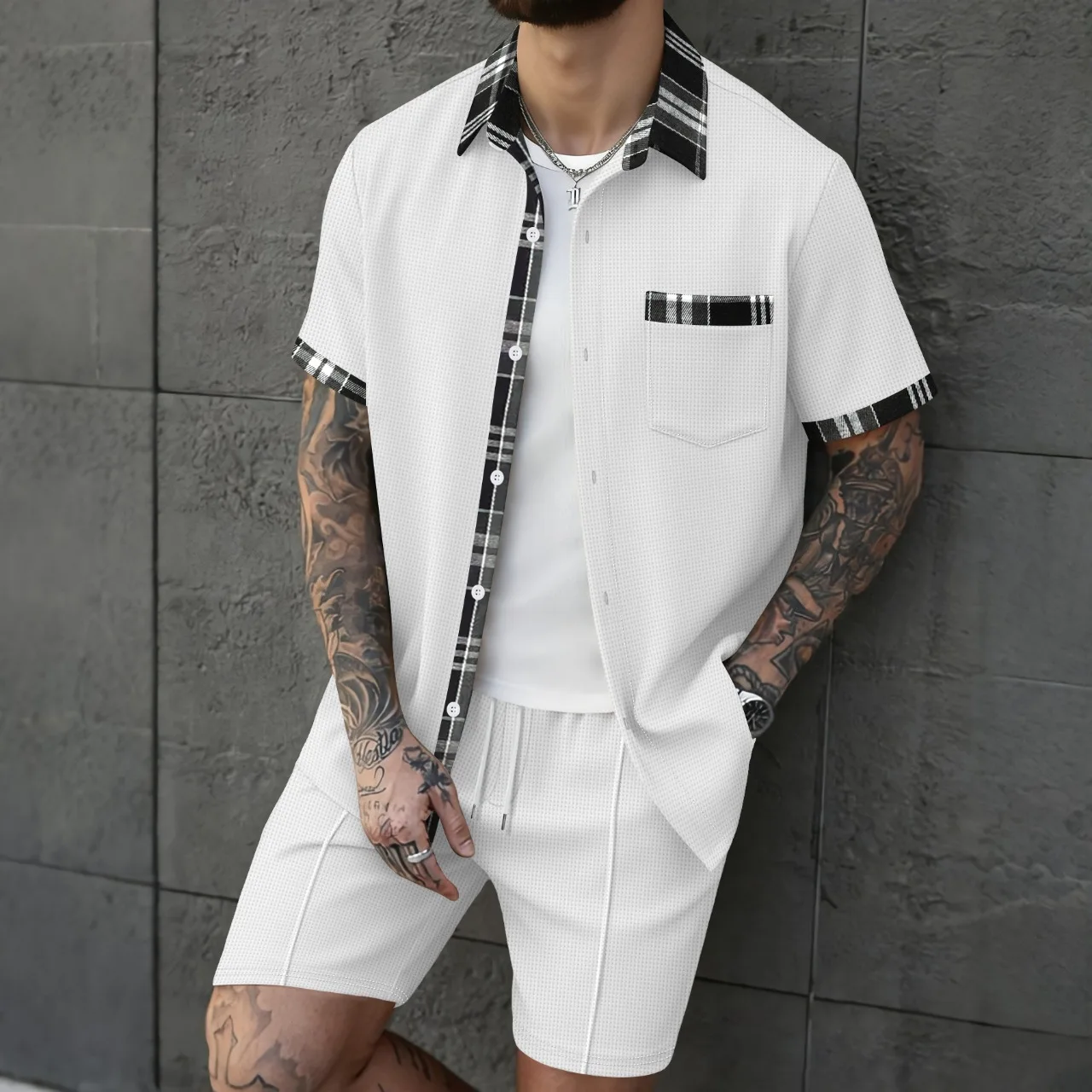 

Men's Premium Waffle Knit 2 Piece Outfit Plaid Accent Short Sleeve Shirt And Drawstring Shorts Set Summer Casual Streetwear