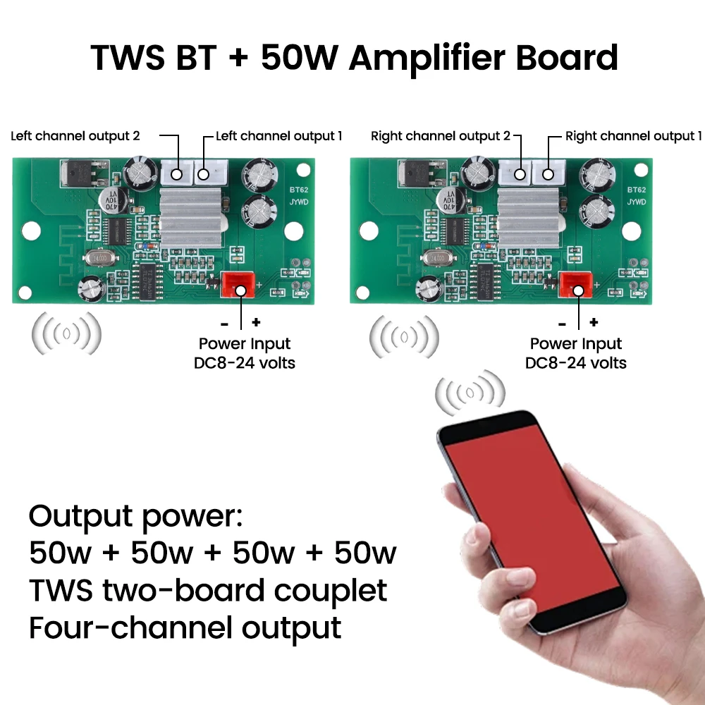 50W+50W Bluetooth Sound Power Amplifier Board DC 8-24V Stereo Audio Amplifier Module AMP For Speaker Subwoofer Support TWS