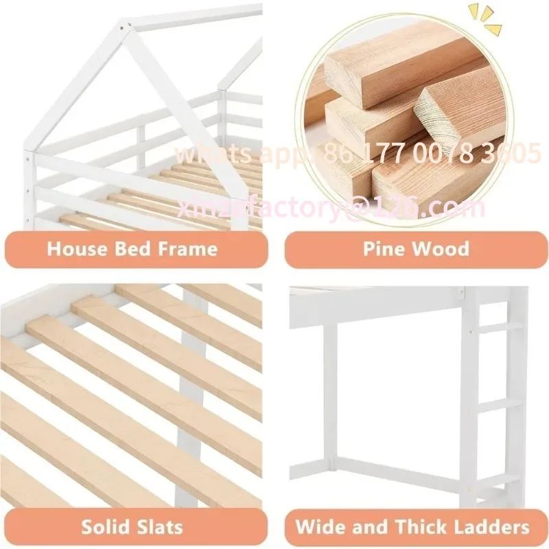 Customizable Twin Over Twin House Bunk Bed for Kids,Floor Low Bunk Beds with Ladder and Guardrails,Solid Wood Twin Size