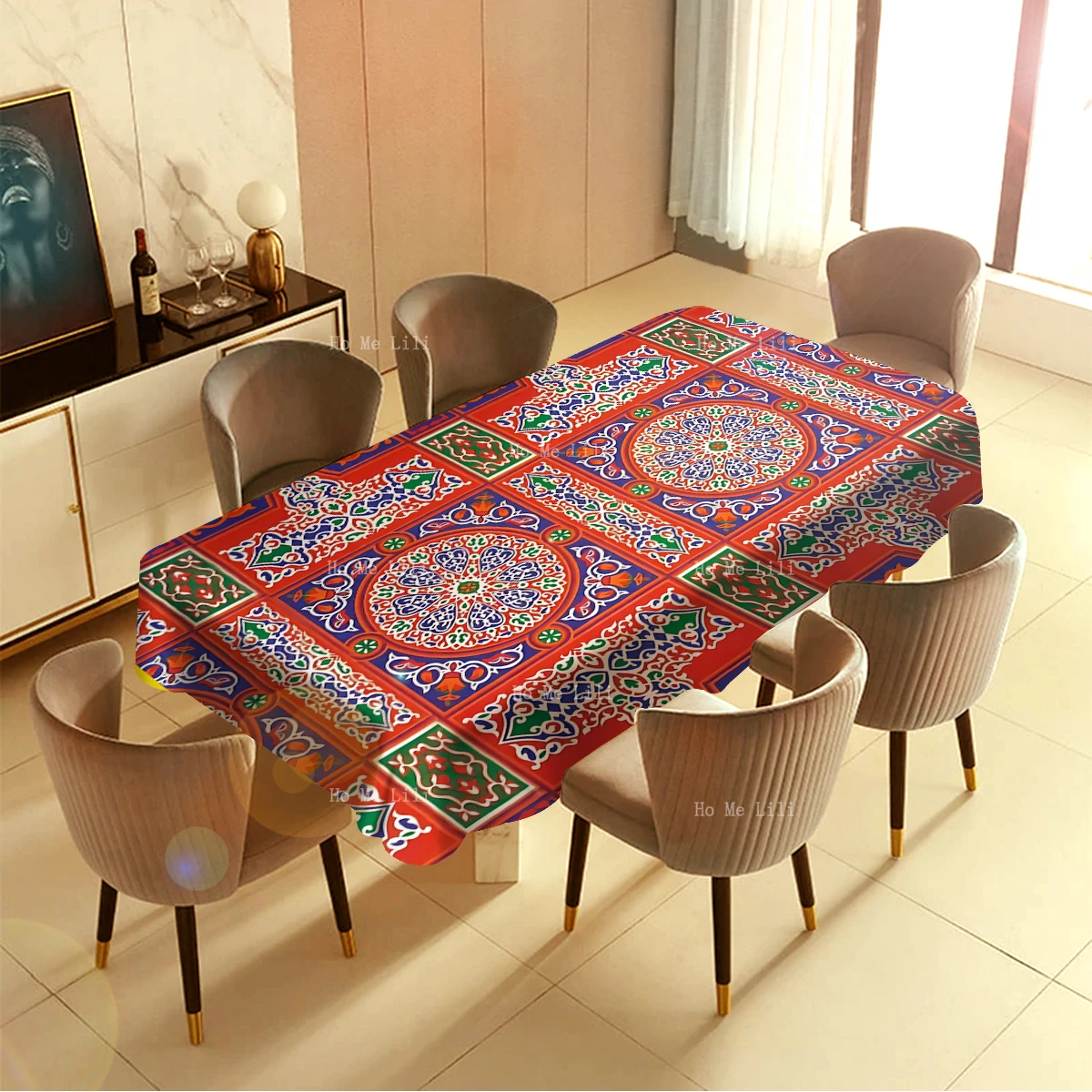 Traditional Egyptian Ramadan Colorful Red Printed Rectangular Tablecloth