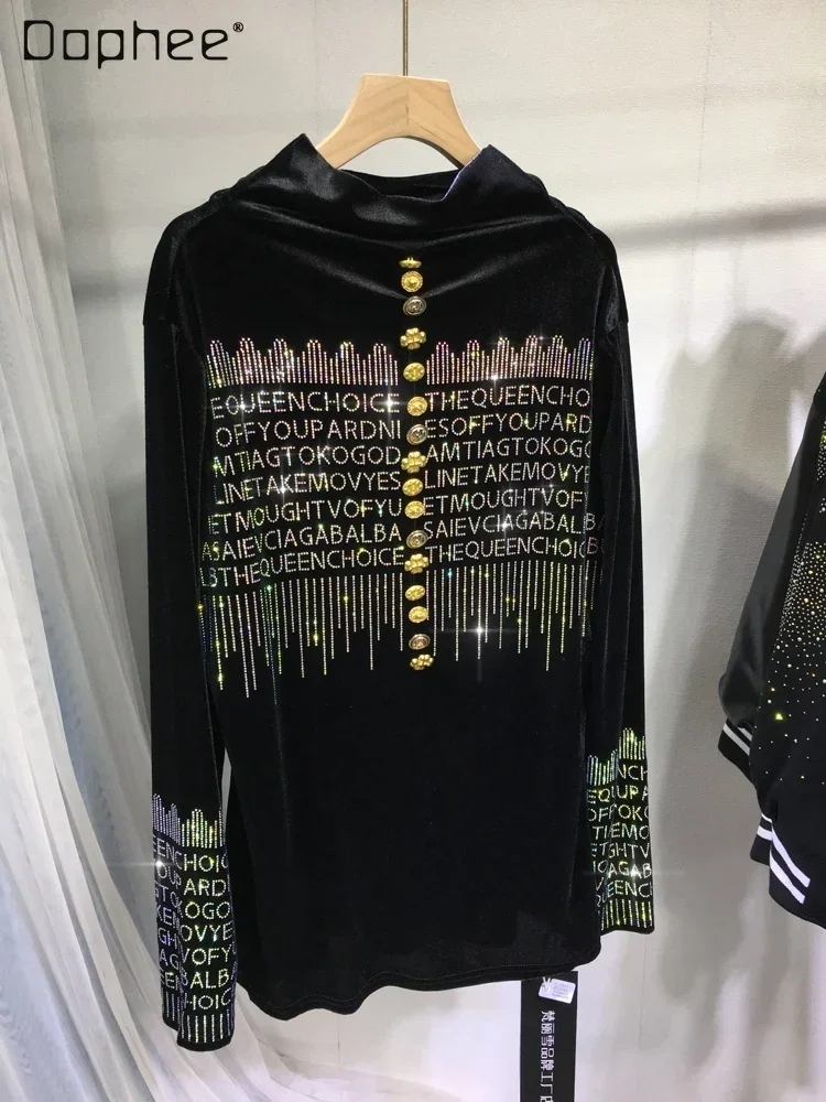 

Heavy Hot Drilling Bottoming Shirt Women 2023 Autumn Winter Turtleneck Gold Velvet All-Match Long Sleeve Tight Black Top Female