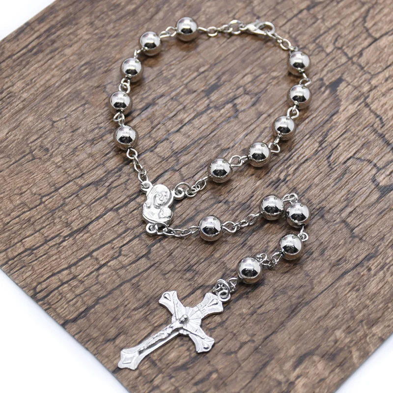 CCB Silver Color Rosary Metal Jesus Cross Bracelet Prayer Beads Car Hanging Ornaments Religious