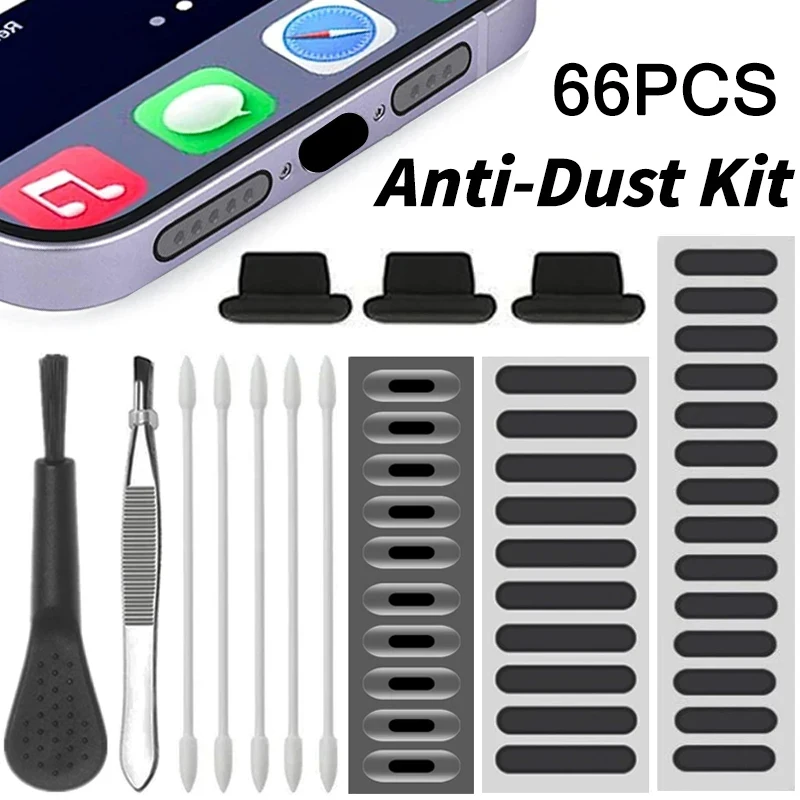 66PCS Dust Plug Phone Speaker Anti Dust Mesh Sticker Universal for iPhone 16 Type C Micro USB Charge Port Protector Cleaning Set