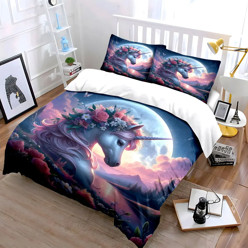 Dreamy Unicorn by Moonlit Lake Printed Duvet Cover Set1 Duvet Cover+2 PillowcaseMulti Size Bedroom Bedding Decor Luxury gifts