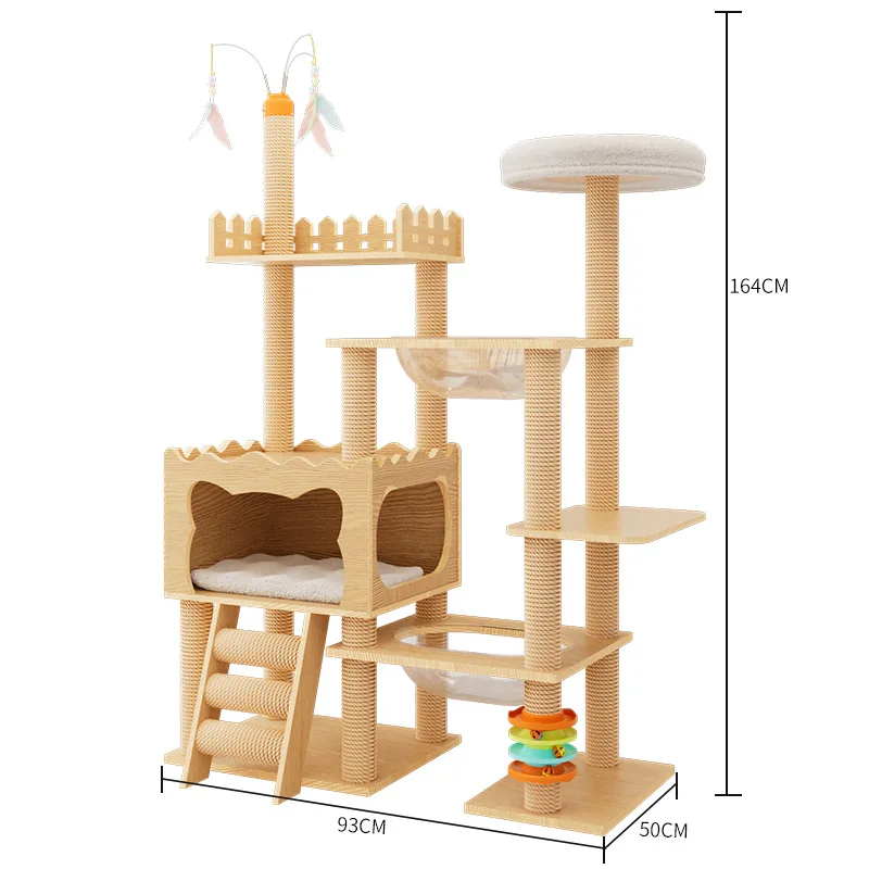 Solid Wood Multi Level Cat Tree with Condo Space Capsule Scratching Post Cat Toy Indoor Large Cat Activity Center Pet Furniture