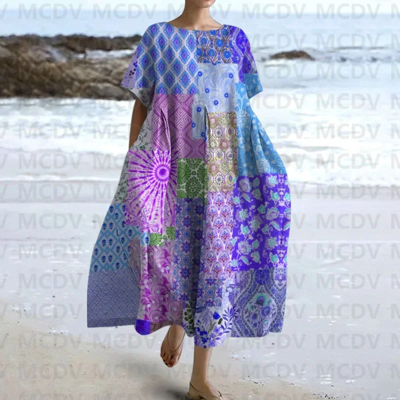 Summer Beach Vacation Multi-color Patchwork Floral Print Women's Casual Short Sleeved Midi Dress