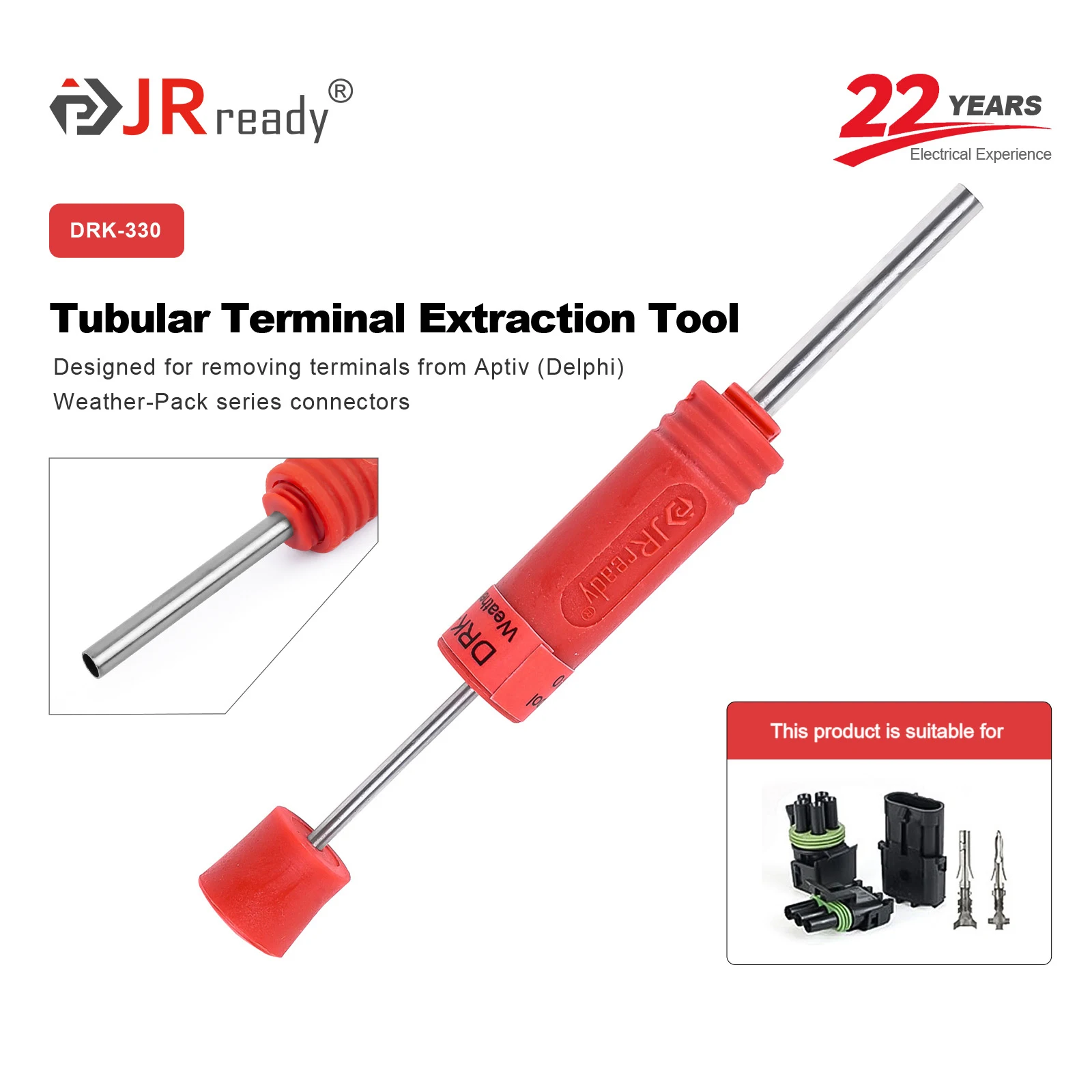 Ferramenta de Extração de Terminais Tubulares JRready DRK-330 ​   Para extração de terminais de conectores Aptiv/Delphi Weather-Pack Series