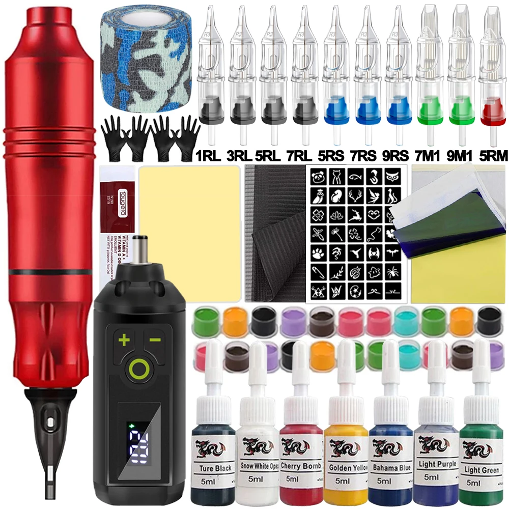 Tattoo Machine Kit Tattoo Pen Machine Set met draadloze voeding Tattoo Cartridge Naalden Inkten voor Tattoo Beginner