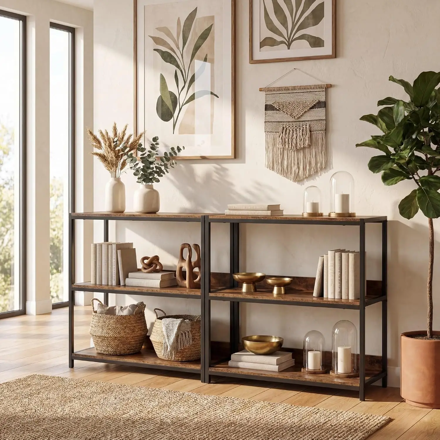 Industrial 3-Tier Bookshelf 2 Pack, Rustic Wooden Shelf Metal Frame, Display Storage Organizer Living Room Office, Customized