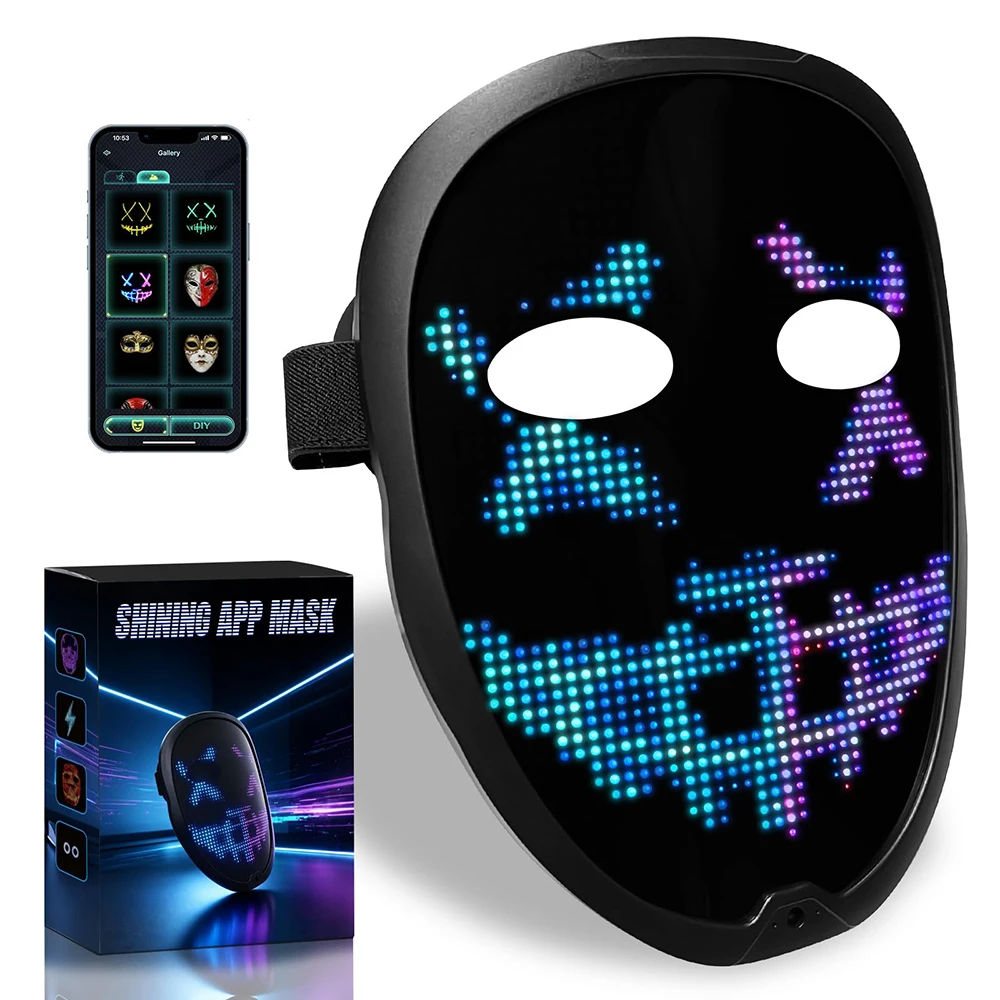 App-gesteuerte LED-Gesichtsmaske, USB-aufladbare programmierbare dynamische Leuchtmaske für Erwachsene, Halloween, Cosplay, Party