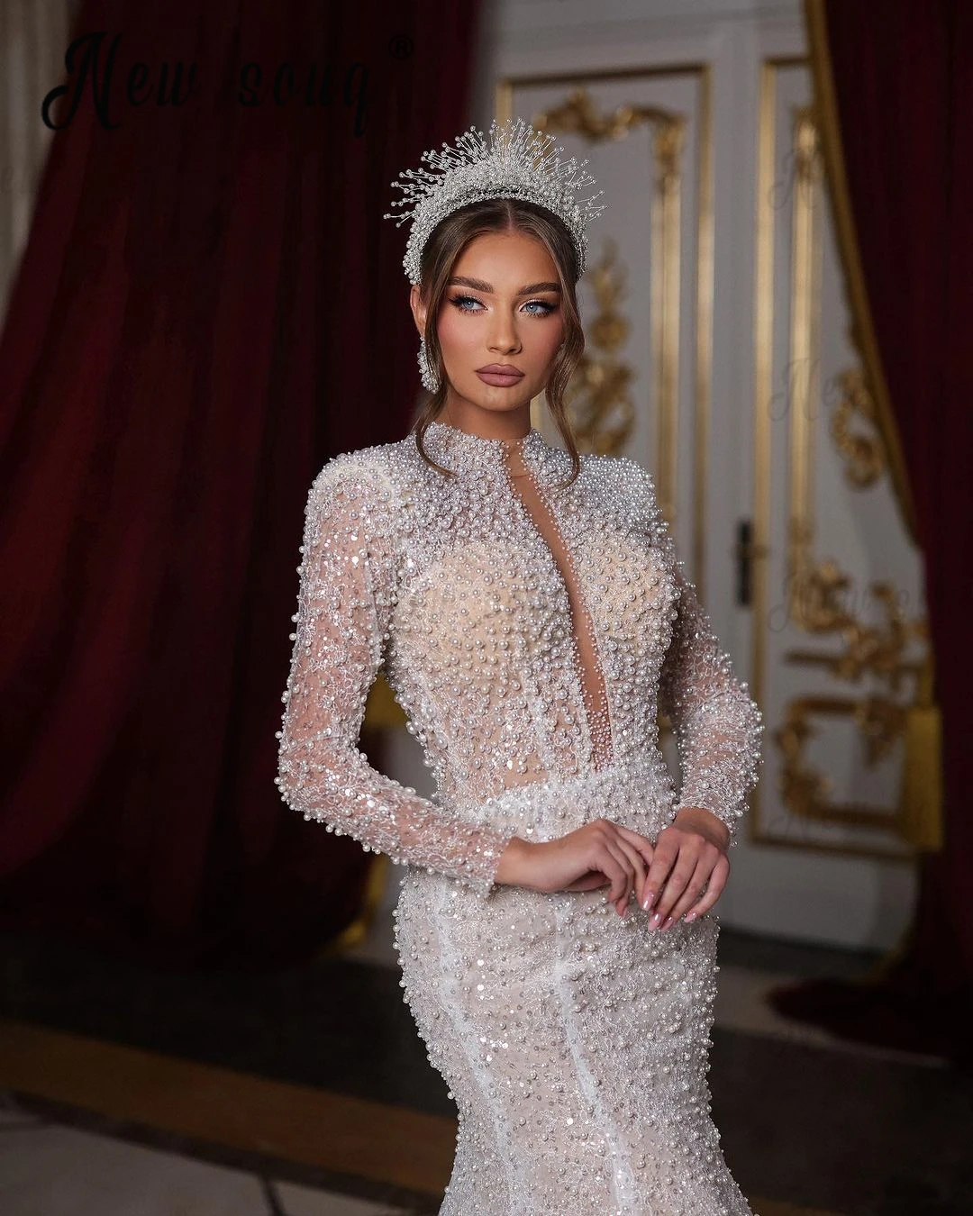 Vestido de novia de sirena de marfil, traje de manga larga con Espalda descubierta, tren de la capilla, estilo árabe, personalizado, Dubái, 2024