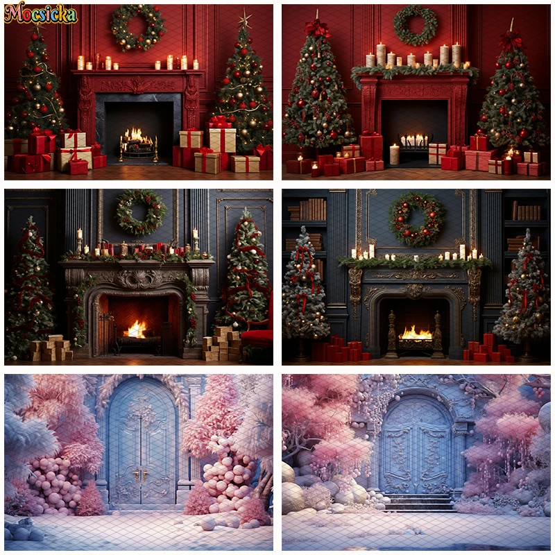 Christmas Gifts Fireplace Backdrops XMAS Trees Wreath Photography Background For Kids Family Portrait Livingroom Photo Props