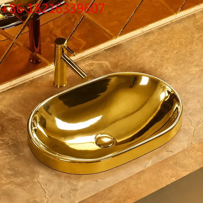 YAO Golden Oval Semi Recessed Ceramic Washbasin Square Bathroom Sink Basin for Hotel KTV Household Counter Top Installation
