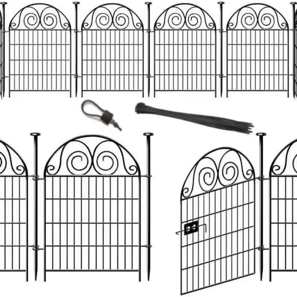 Tall Garden Animal Barrier Fence With Gate,40 in(H)×27 in(L) 12 Panels Dog Digging Fence Barrier, Black Metal Temporary Fences,