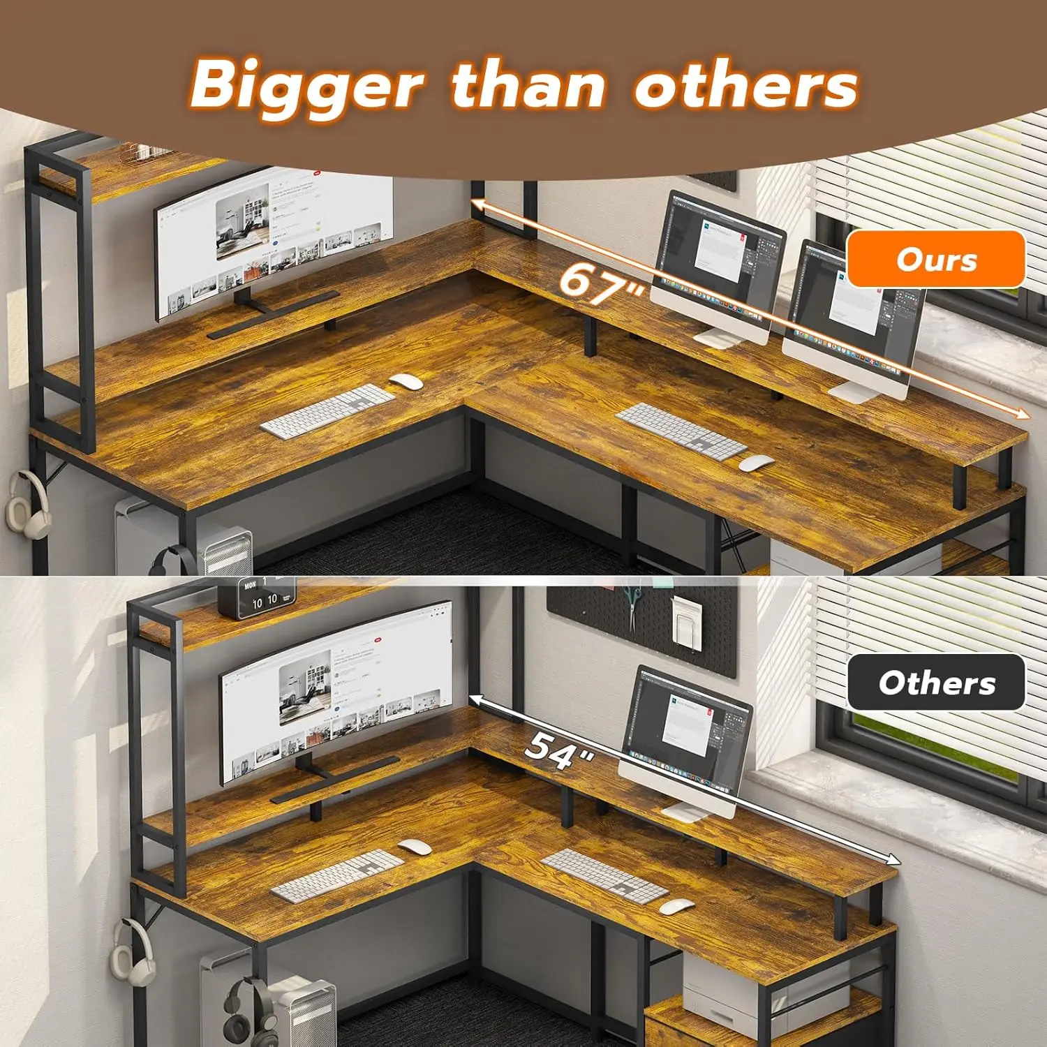 Mesa Gaming Canto reversível com Hutch e luzes Led, 2 Pessoa Desk, Rustic Brown