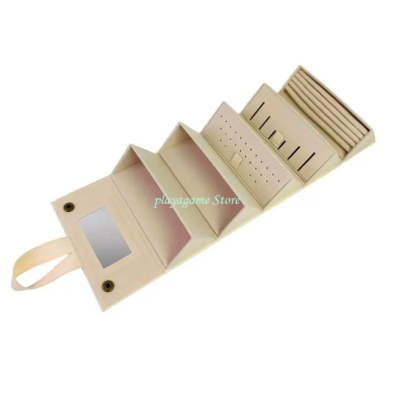 

Y88A Versatile Jewelry Eyeglass Organizers Box Foldable PU Leather Case Mirror Included For Earrings Necklaces